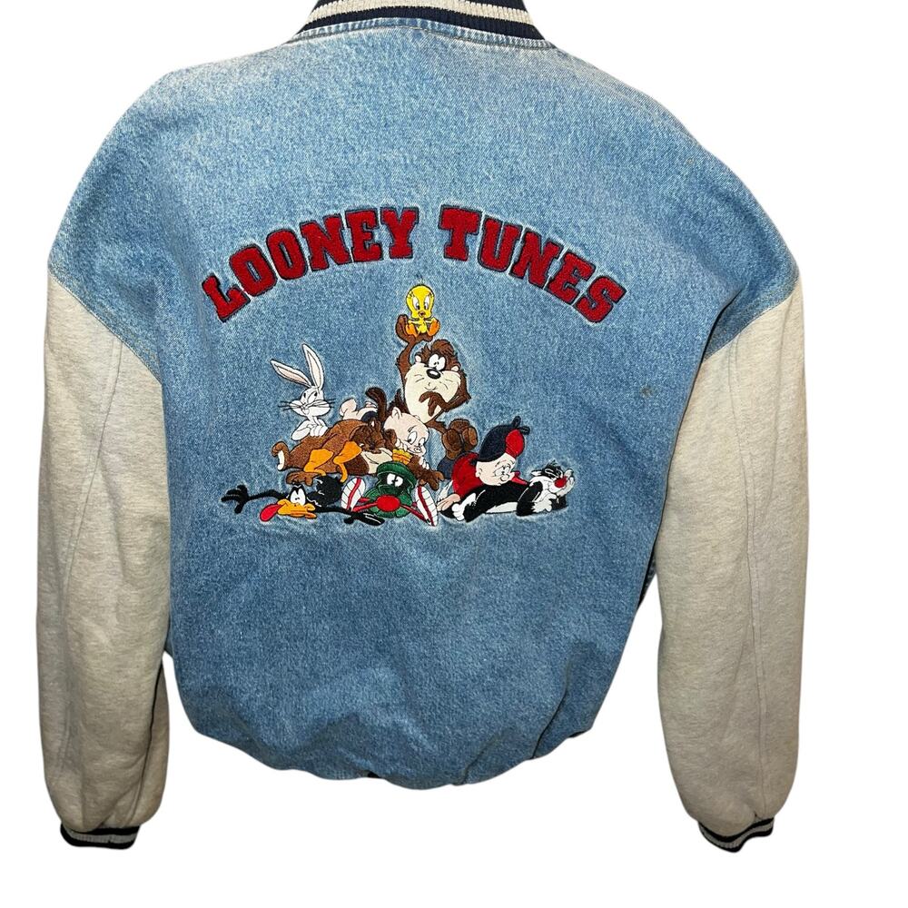 Vintage 90s Looney Tunes Vintage Denim Varisity jacket embroidered size large - Picture 2 of 14